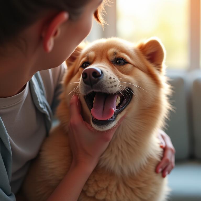 Eine Person streichelt einen glücklichen Hund, der aus einem Tierheim adoptiert wurde