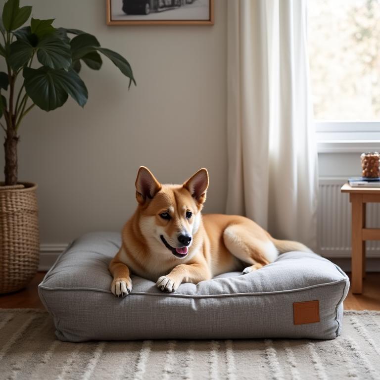 Ein Hund entspannt auf einem modernen Hundebett neben einem smarten Futterspender